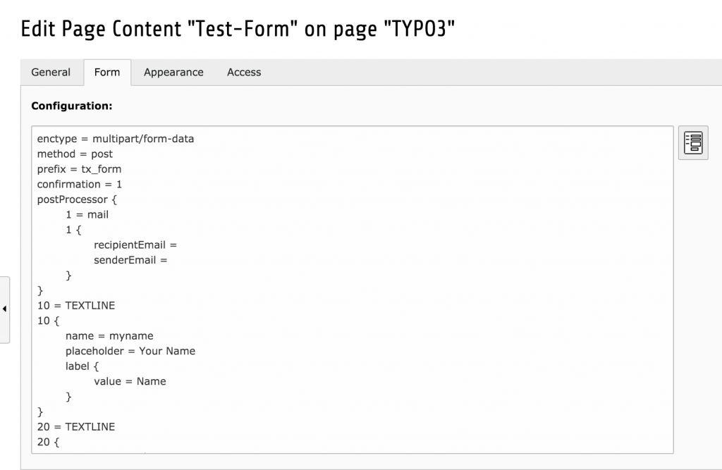 TYPO3 System Extension "Form": Form-Tab